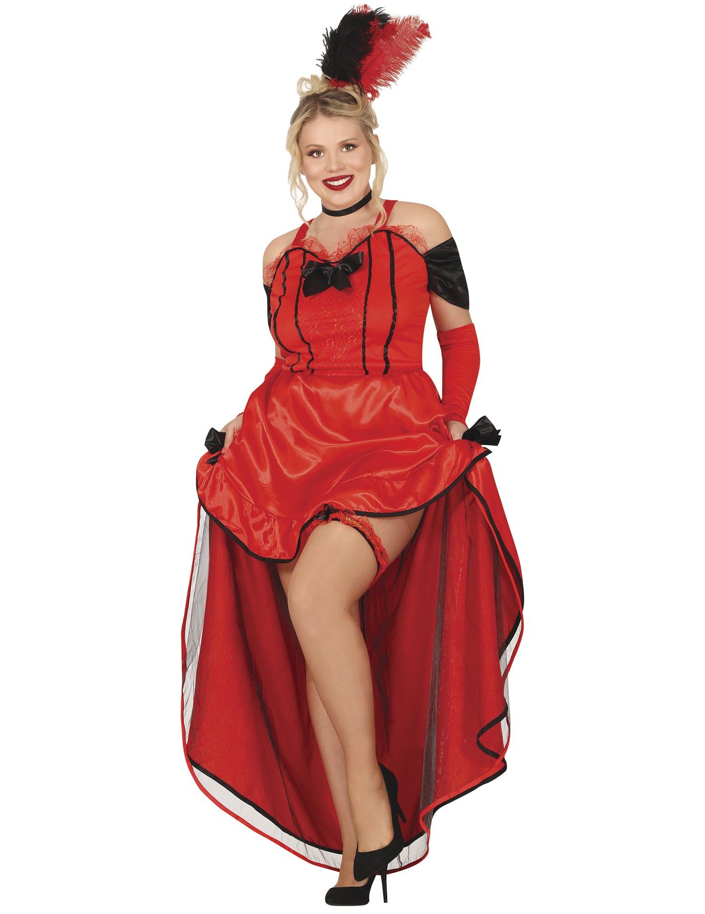 Dámský kostým červeného kankánu s černými mašlemi