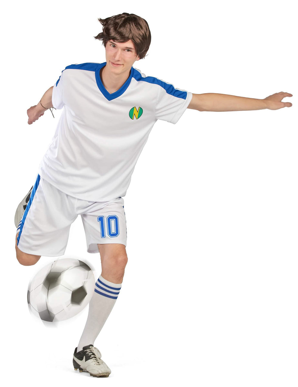 Vue de face en action du déguisement de capitaine de football pour homme