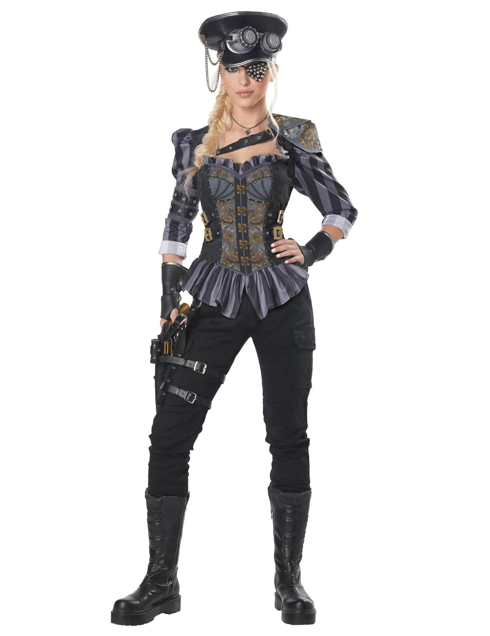 Luxusní steampunk kostým kapitánky pro ženu černá a šedá s korzetem a kloboukem