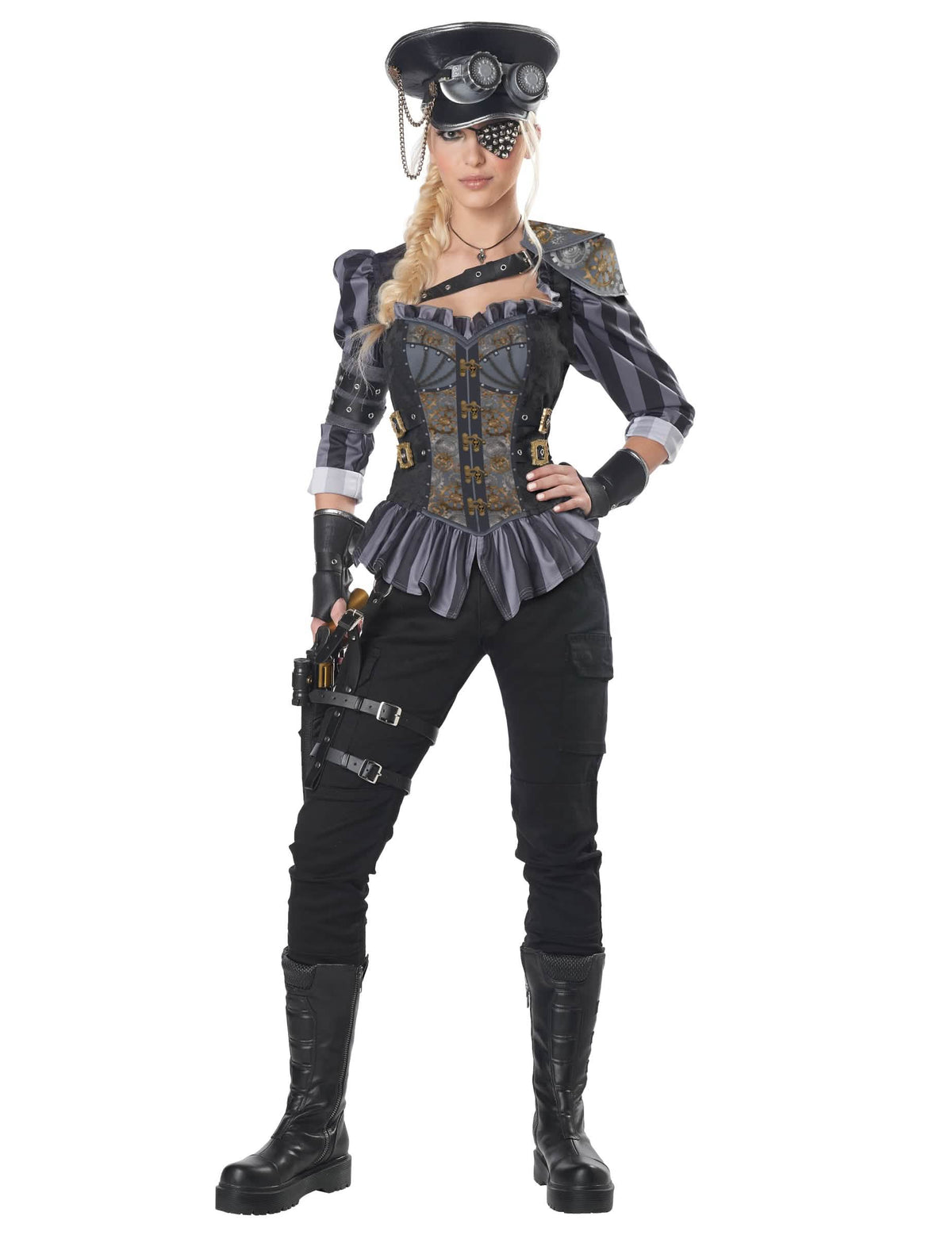 Luxusní steampunk kostým kapitánky pro ženu černá a šedá s korzetem a kloboukem