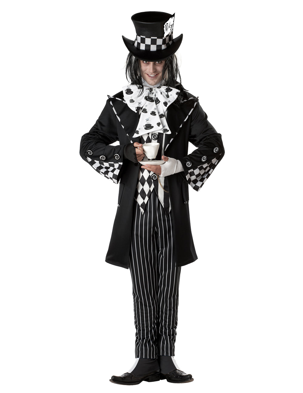 Déguisement de chapelier fou pour homme noir et blanc avec chapeau haut-de-forme