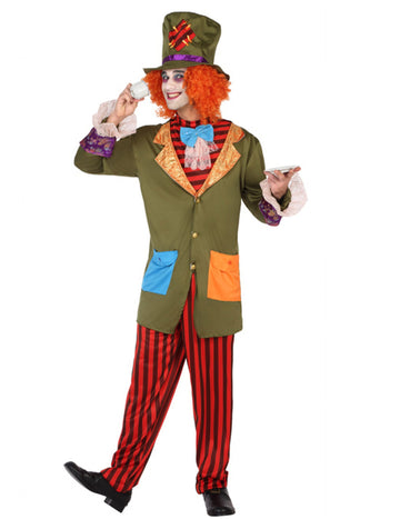 Déguisement chapelier rayé pour homme vert et rouge avec chapeau haut de forme