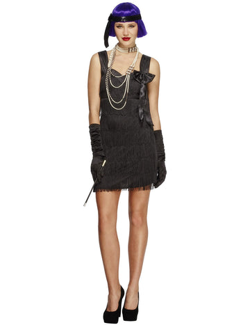 Charlestonový kostým pro ženy s mašlí, černý, s třásněmi