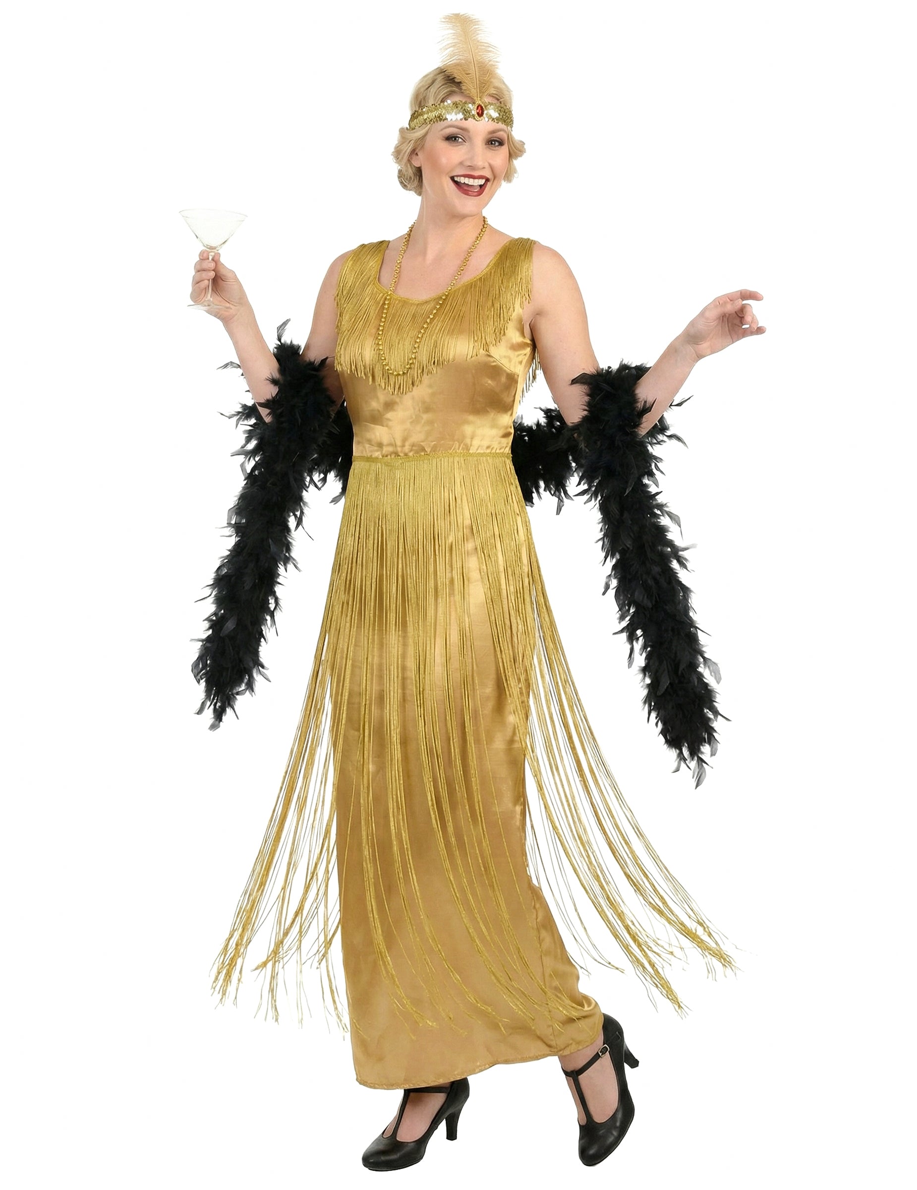 Détail des accessoires et des franges du déguisement Charleston pour femme doré à franges