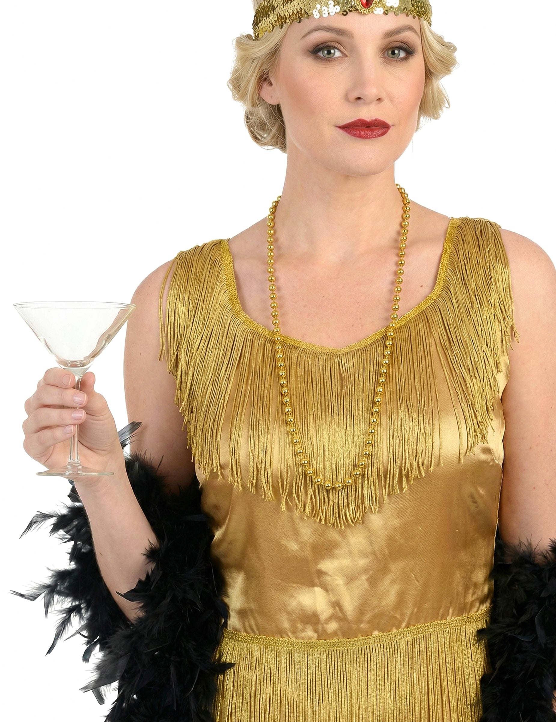 Gros plan sur le buste et le bandeau du déguisement Charleston pour femme doré à franges