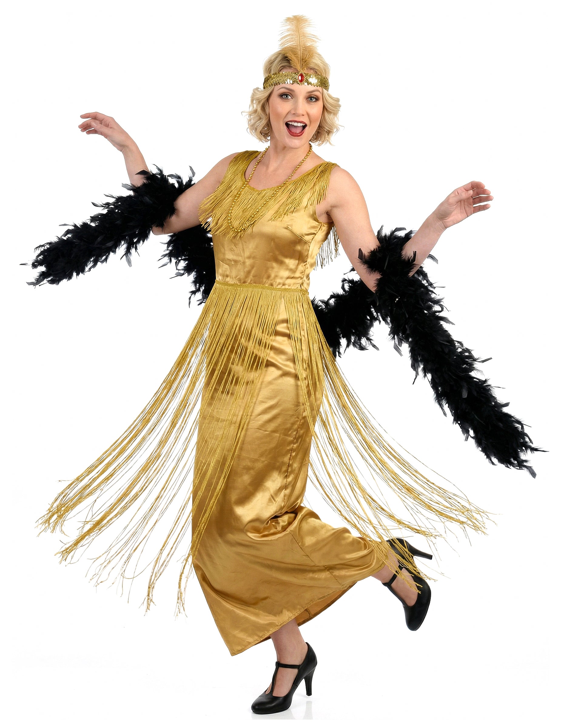 Vue d'ensemble en mouvement du déguisement Charleston pour femme doré à franges