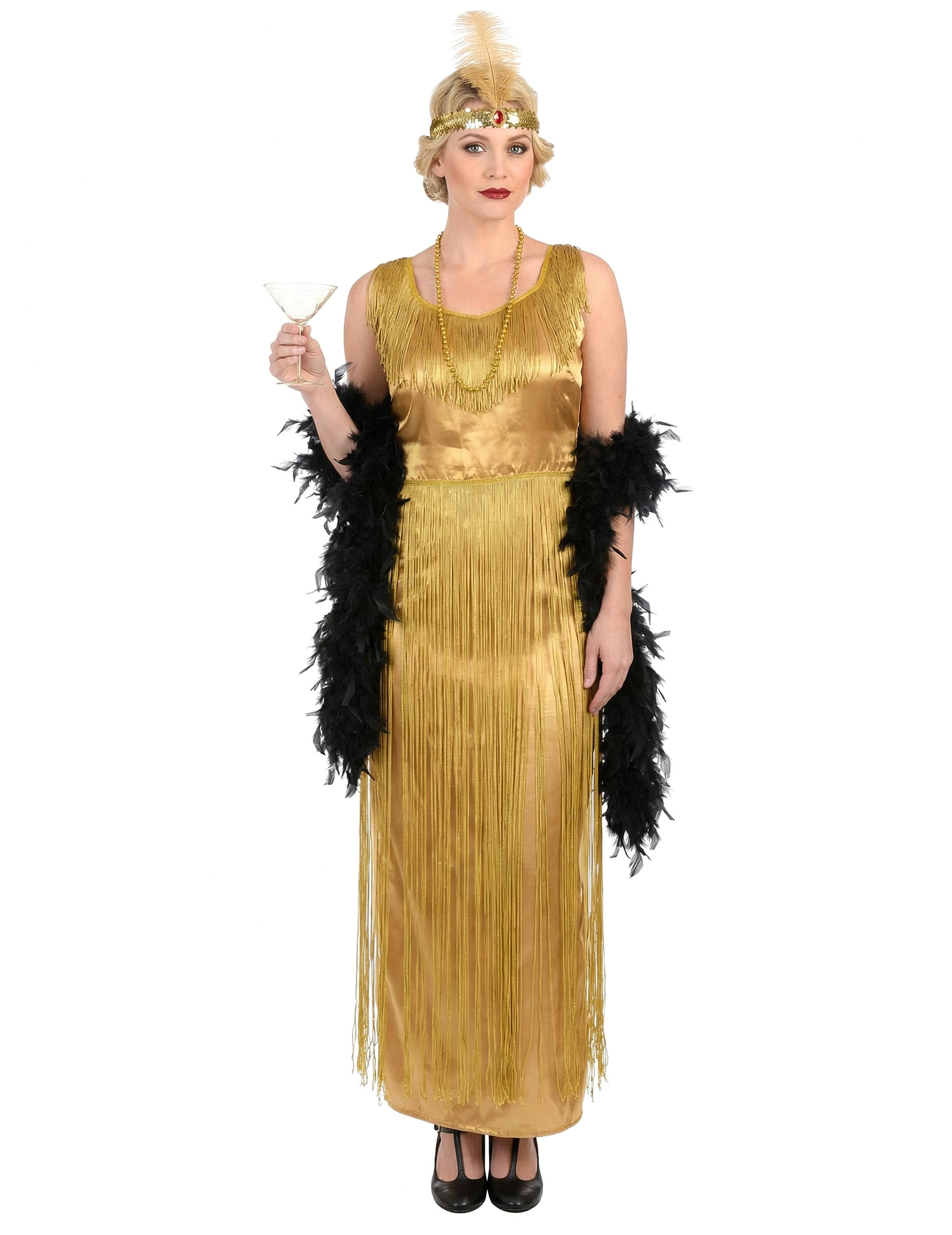 Vue de face du déguisement Charleston pour femme doré à franges