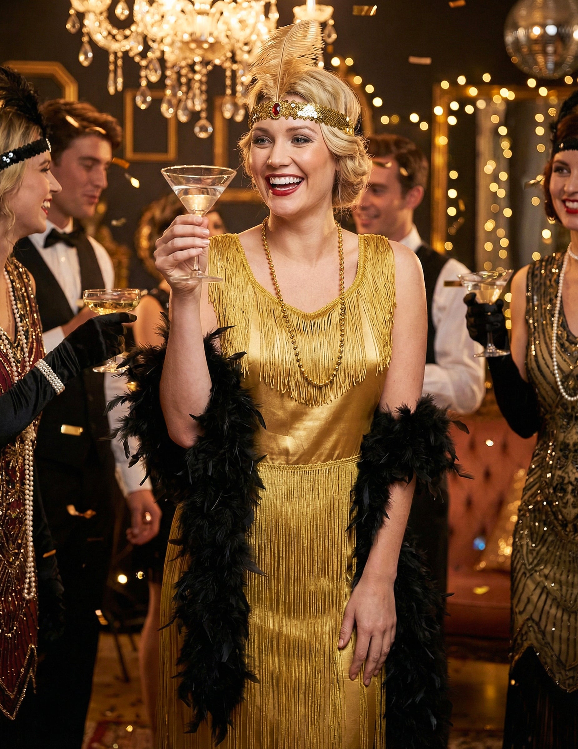 Mise en situation festive du déguisement Charleston pour femme doré à franges
