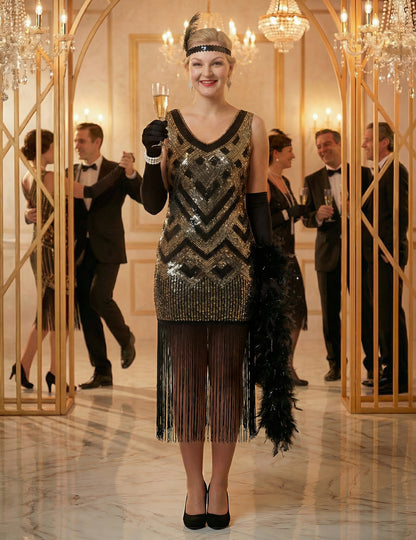 Luxusní černozlatý charlestonový dámský kostým se flitry 