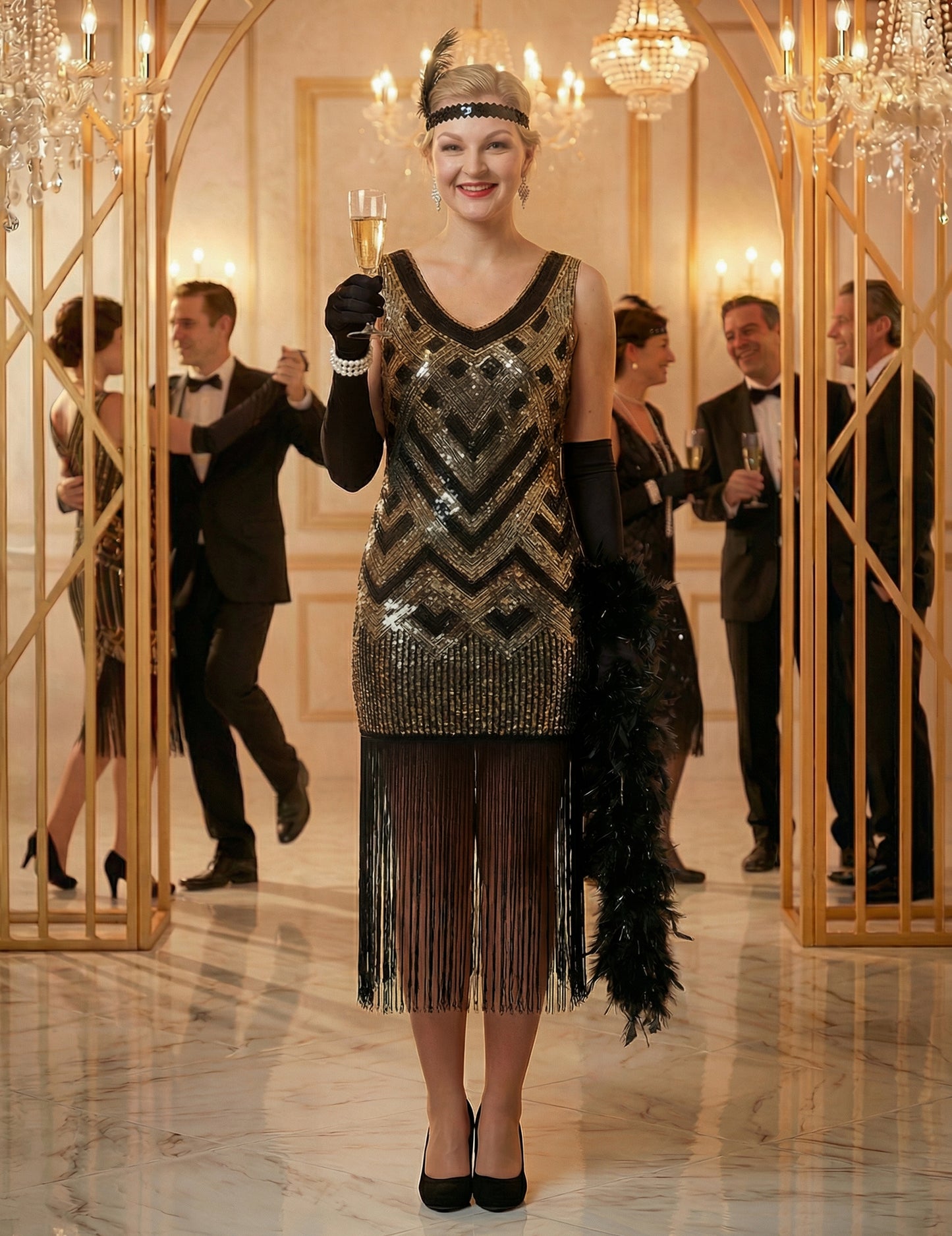 Luxusní černozlatý charlestonový dámský kostým se flitry 