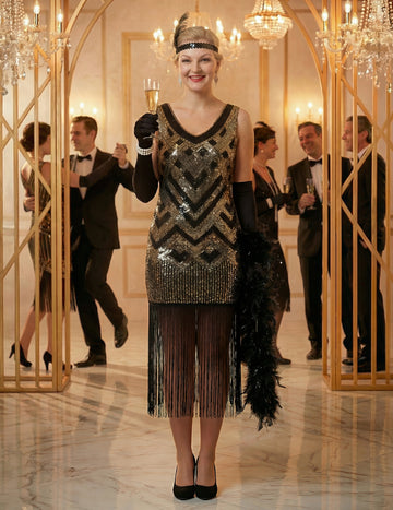 Luxusní černozlatý charlestonový dámský kostým se flitry 