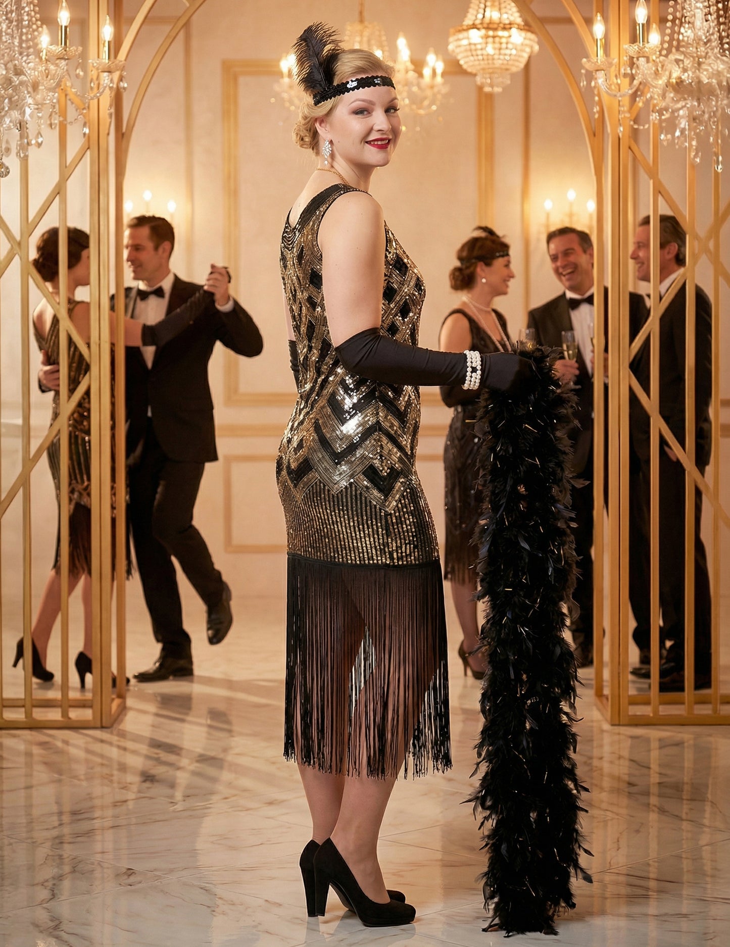 Luxusní černozlatý charlestonový dámský kostým se flitry 