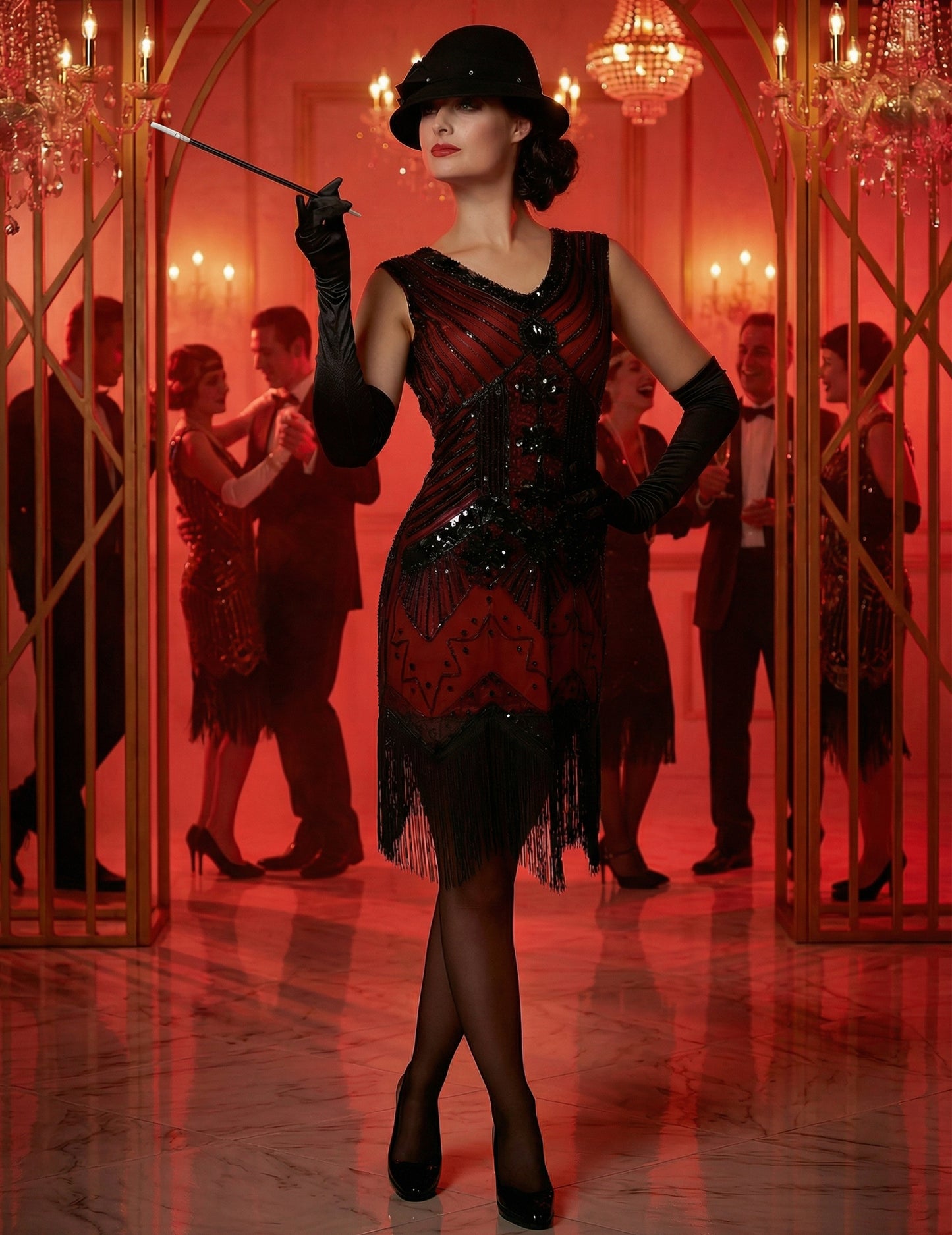 Luxusní dámský charlestonový kostým v červené barvě se flitry 