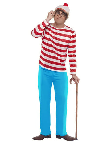 Déguisement Où est Charlie™ pour homme à rayures rouges et blanches avec bonnet et lunettes