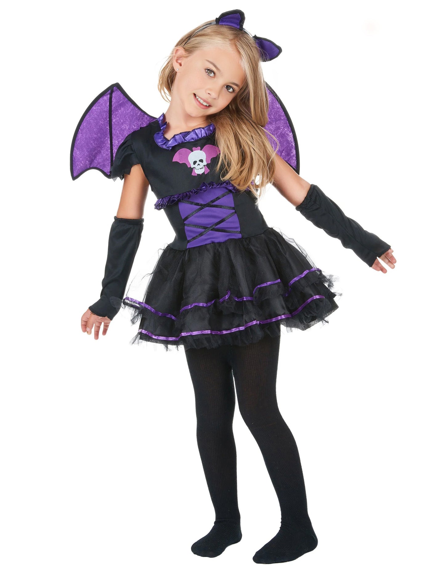 Děsivý kostým netopýra pro dívku v černé a fialové barvě s křídly a čelenkou