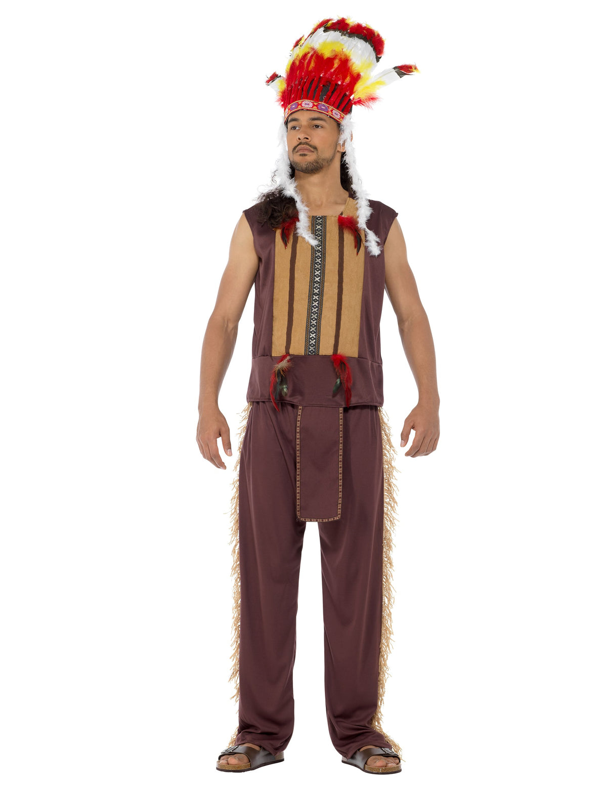 Déguisement de chef indien pour homme marron avec coiffe à plumes