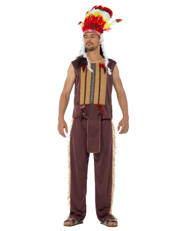 Déguisement chef indien pour homme marron avec coiffe à plumes colorées