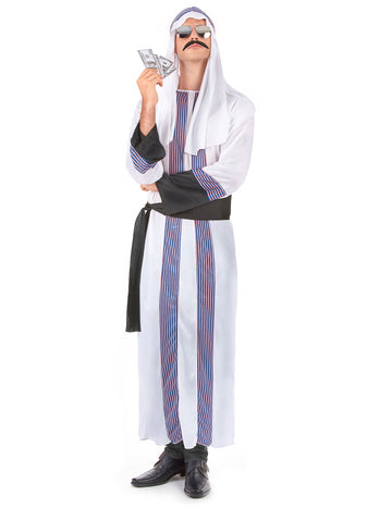 Déguisement de cheikh arabe pour homme blanc à rayures bleues et rouges