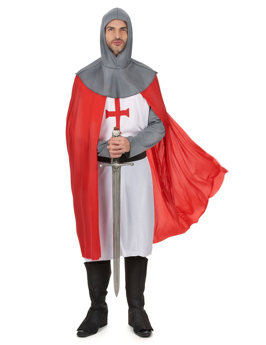 Déguisement chevalier croisé médiéval pour homme blanc et rouge avec cape