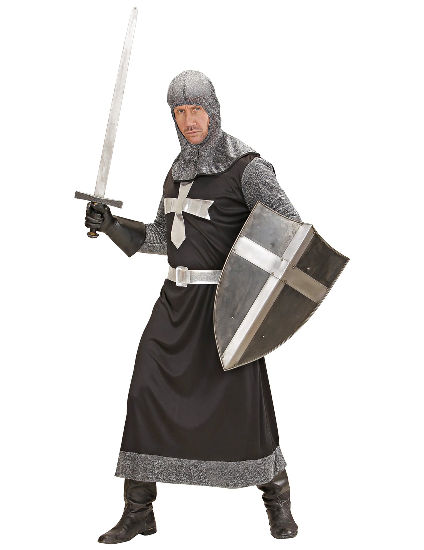 Déguisement de chevalier médiéval pour homme noir et argent
