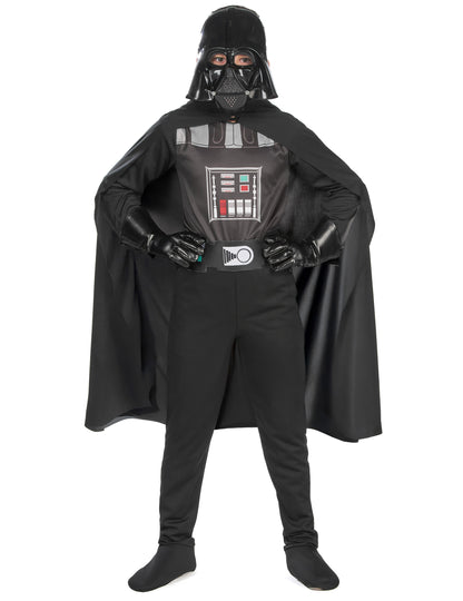 Vue de face avec mains sur les hanches du déguisement classique Dark Vador pour garçon