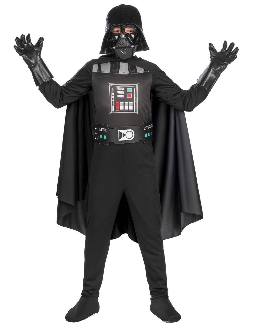 Čelní pohled se zdviženýma rukama na klasický kostým Dark Vader pro chlapec