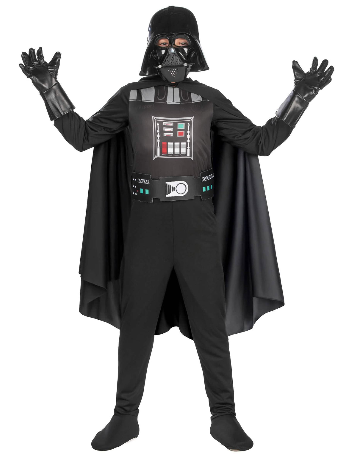 Čelní pohled se zdviženýma rukama na klasický kostým Dark Vader pro chlapec