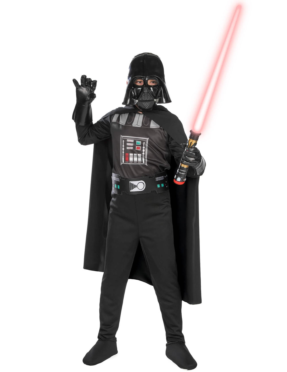 Červená světelná šavle držena v ruce ke klasickému kostýmu Darth Vader pro chlapec