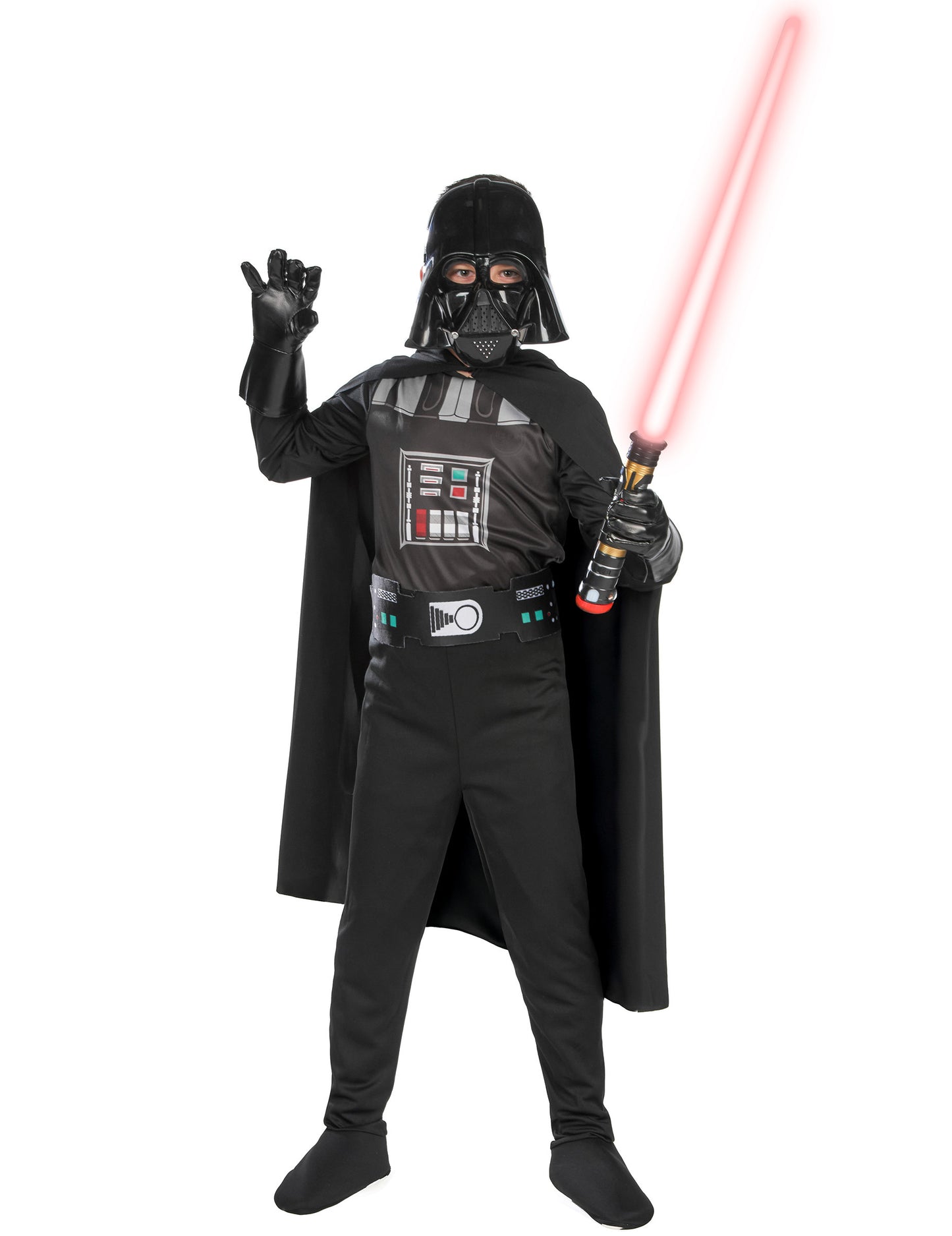 Pose avec sabre laser et main levée du déguisement classique Dark Vador pour garçon