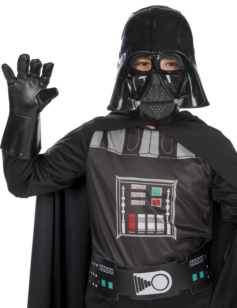 Velký detail masky a rukavice klasického kostýmu Darth Vader pro chlapec