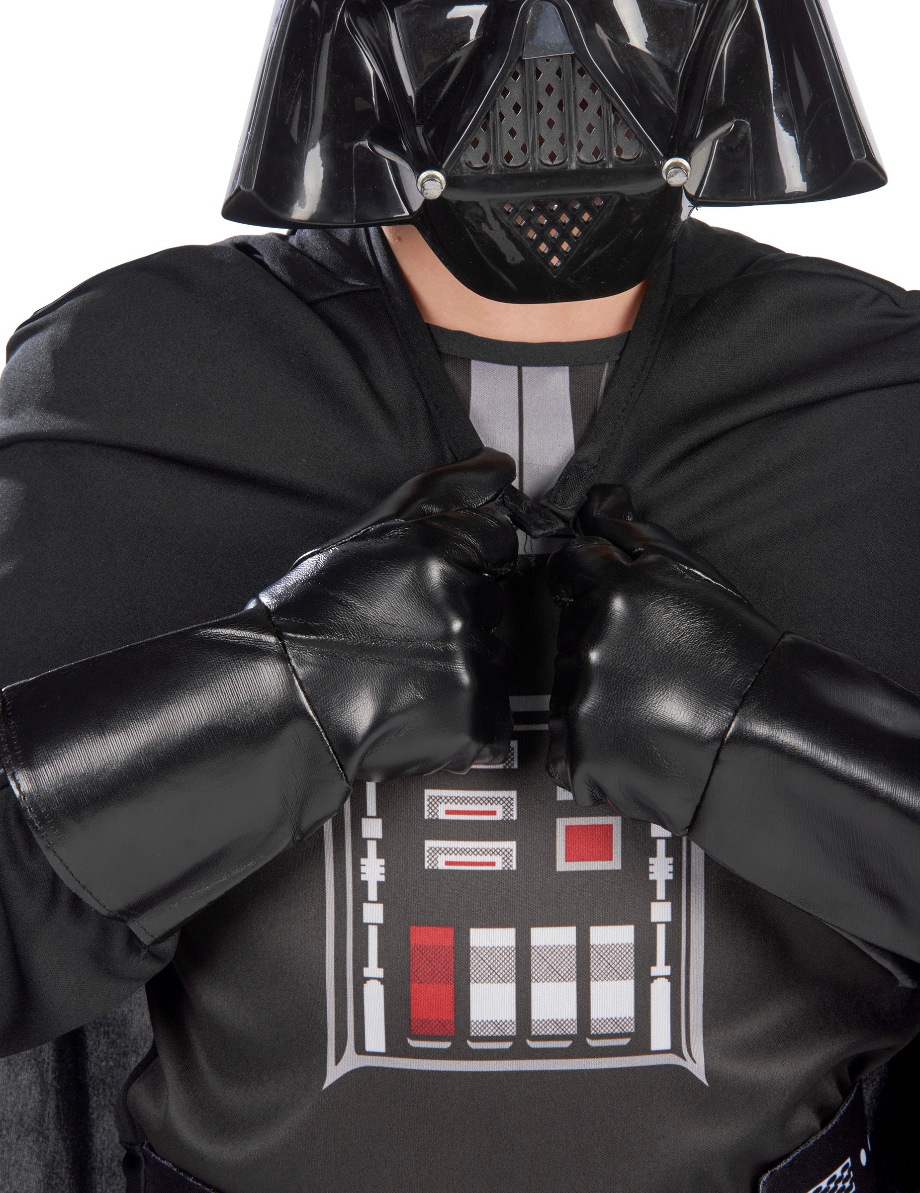 Gros plan sur le buste et les gants du déguisement classique Dark Vador pour garçon
