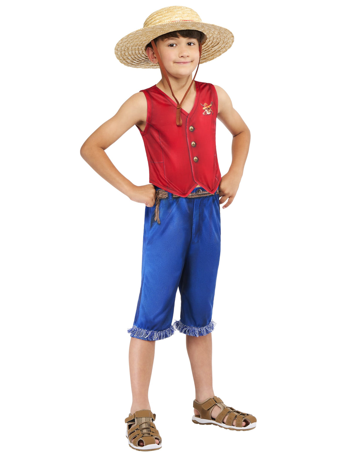 Déguisement classique Luffy One piece™ pour enfant rouge et bleu avec chapeau de paille