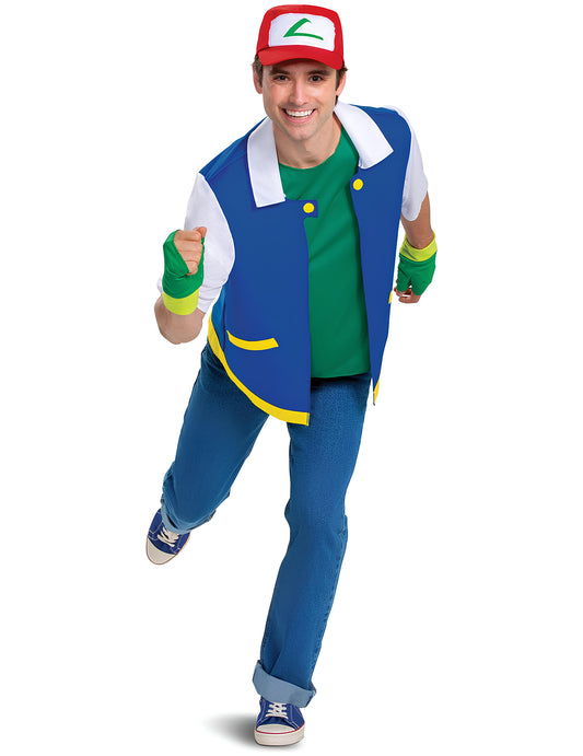 Déguisement classique Sacha Pokémon pour adulte bleu, blanc et vert avec casquette