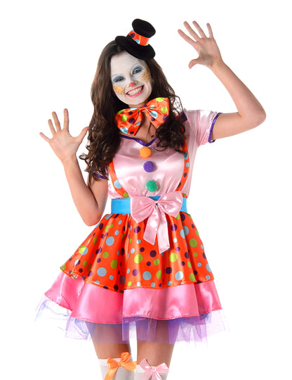 Vue de face du déguisement de clown à pois coloré pour femme