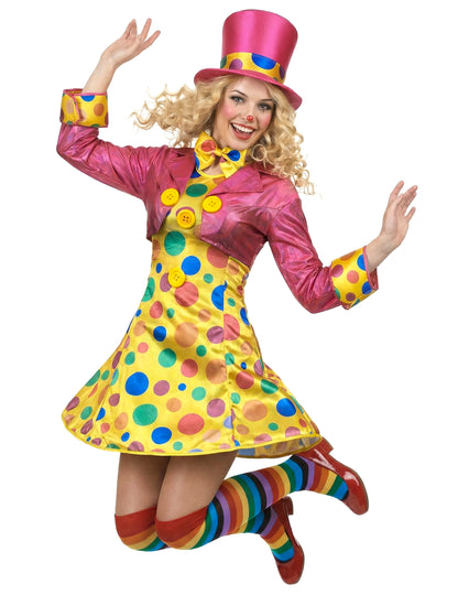 Celkový pohled na veselý kostým klauna pro ženy