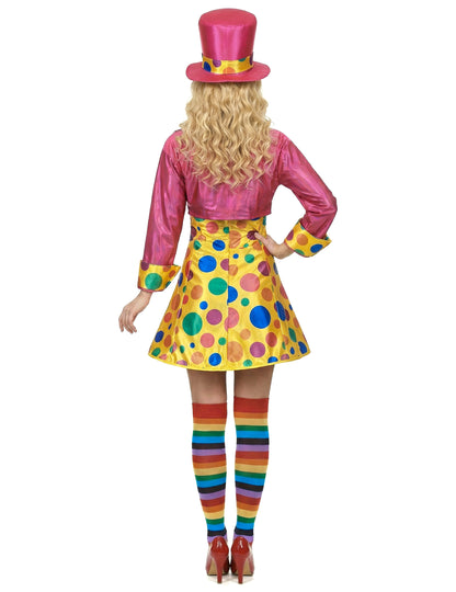 Pohled zezadu na veselý kostým klauna pro ženy