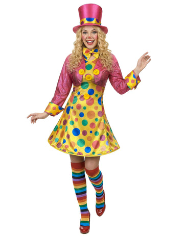 Déguisement clown amusant pour femme jaune à pois multicolores avec veste rose