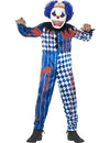 Déguisement de clown arlequin pour enfant bleu et blanc ensanglanté avec masque