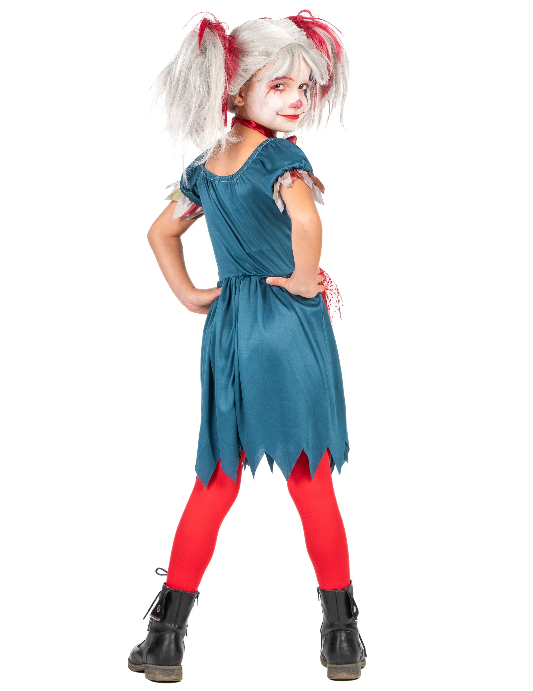 Vue de dos de trois-quarts du déguisement clown tueur coloré Halloween pour fille