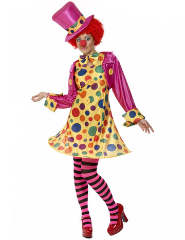 Déguisement de clown complet pour femme jaune à pois multicolores et rose avec chapeau