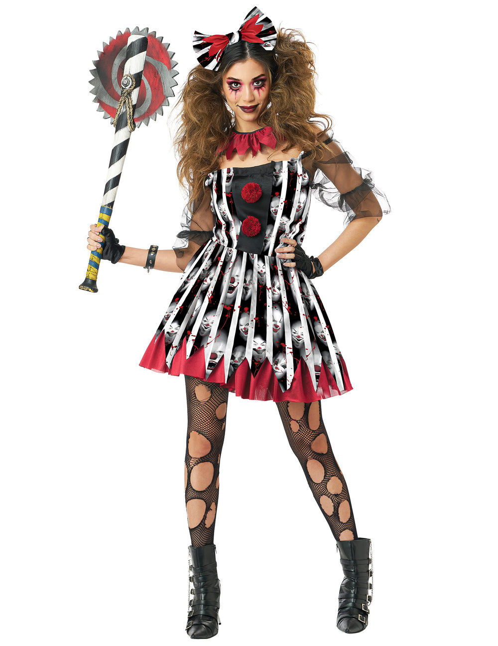 Déguisement de clown dément luxe pour femme noir et rouge avec imprimé visages de clowns