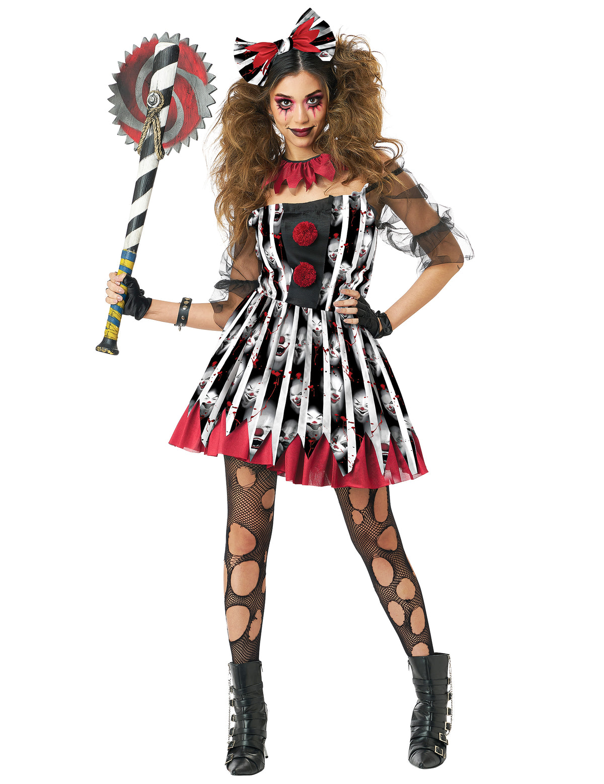 Déguisement de clown dément luxe pour femme noir et rouge avec imprimé visages de clowns