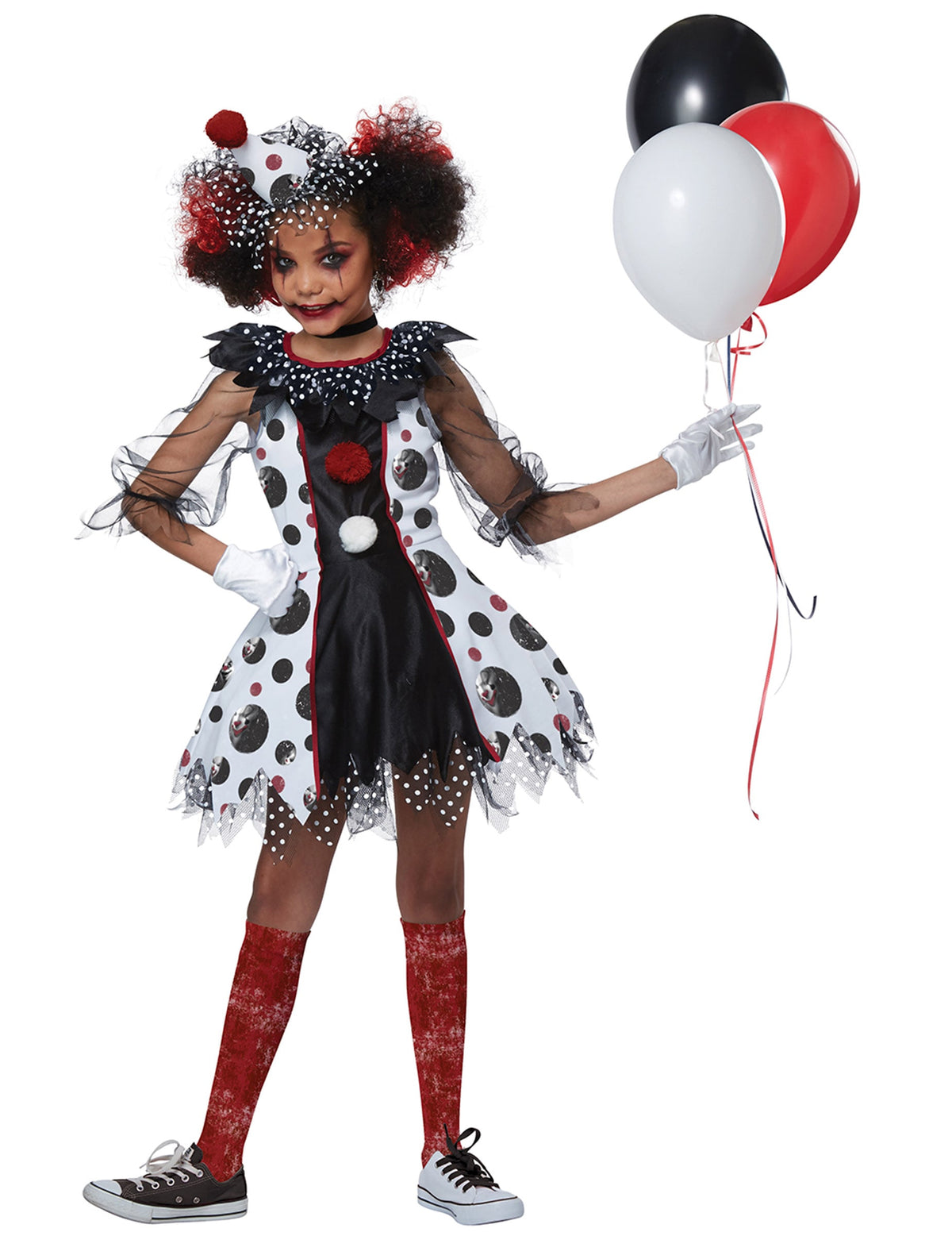 Vue d'ensemble avec ballons du déguisement de clown effrayant luxe