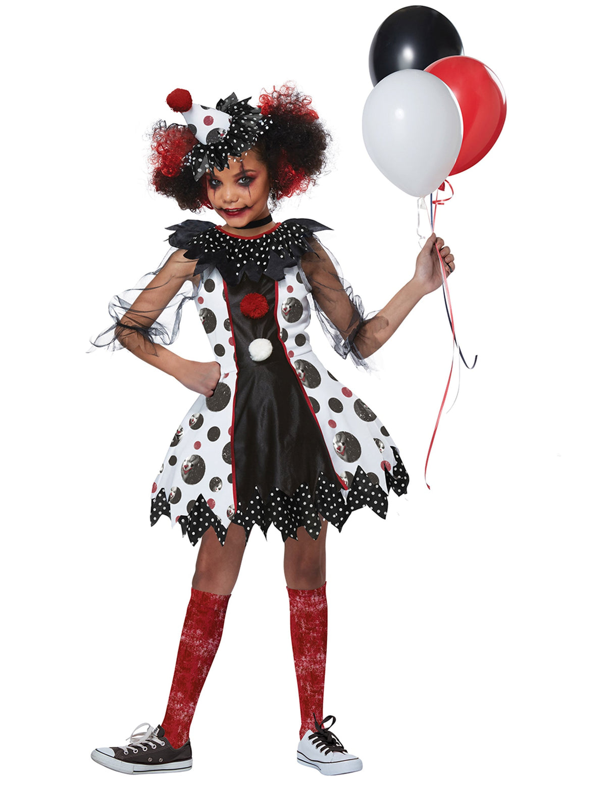 Déguisement de clown effrayant luxe pour fille noir et blanc avec détails rouges