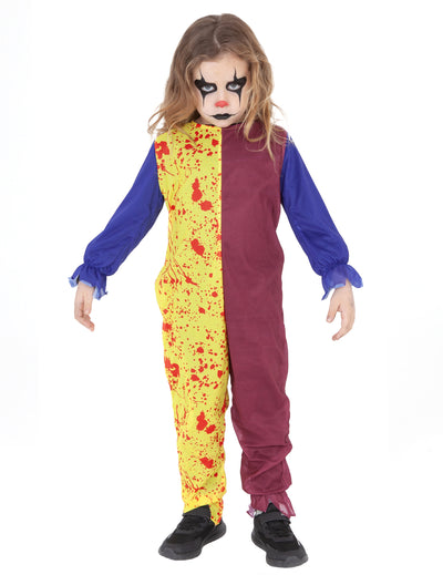 Déguisement de clown pour enfant jaune et bordeaux avec taches de sang