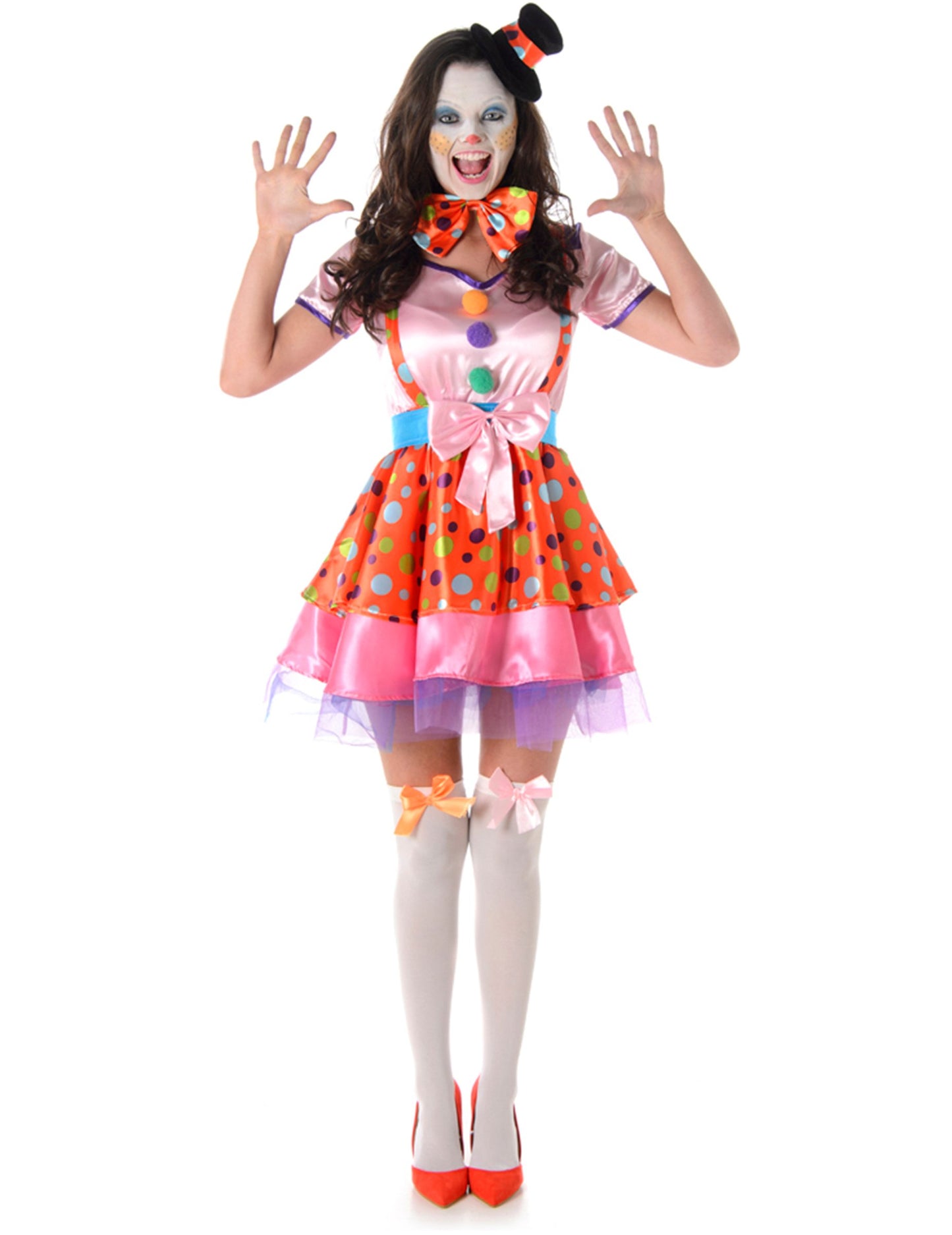 Déguisement clown à pois pour femme coloré rose et orange avec nœud papillon et chapeau