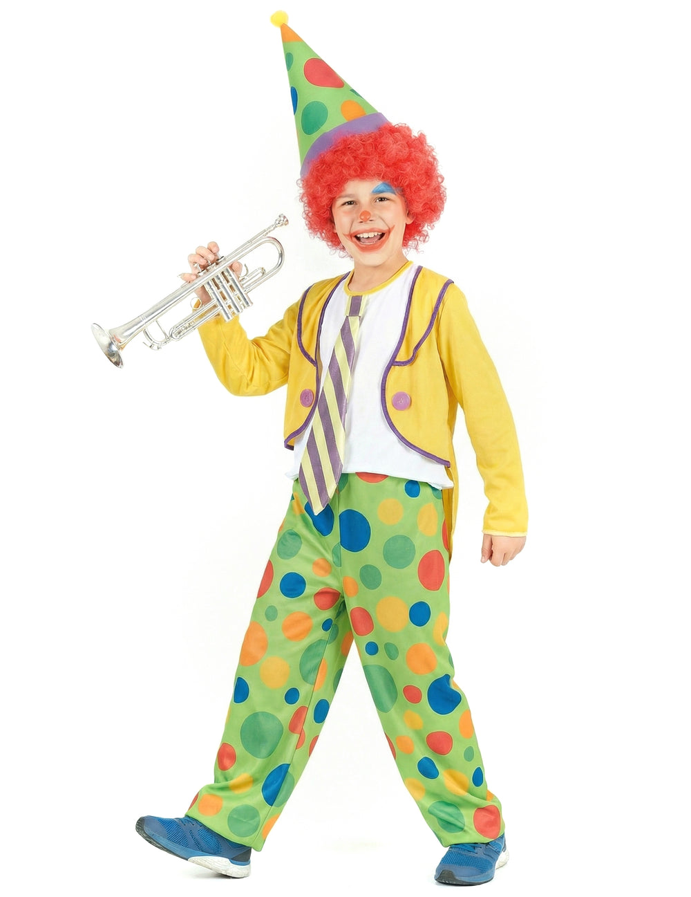Déguisement de clown joyeux pour garçon jaune et vert à pois multicolores