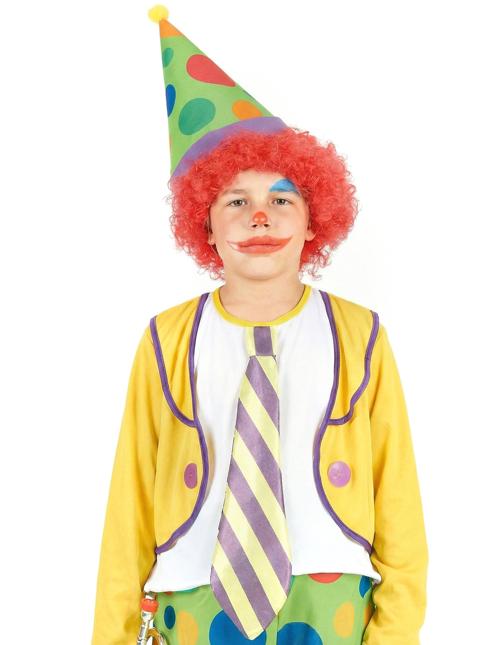 Gros plan sur le chapeau et la cravate du déguisement de clown joyeux