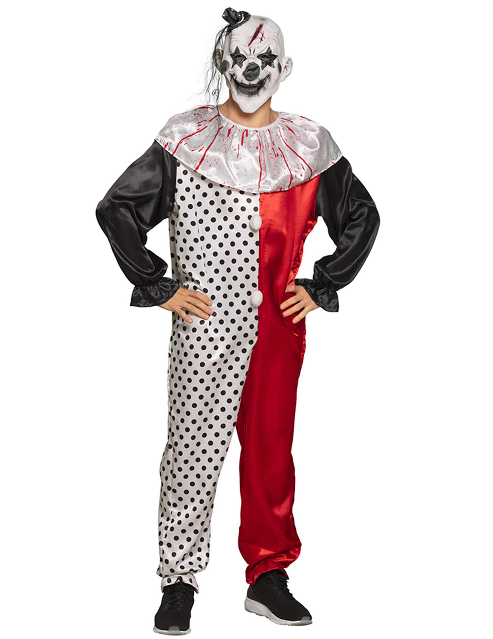 Kostým psycho klauna pro dospělý červená černá a bílá s puntíky s maskou od krve