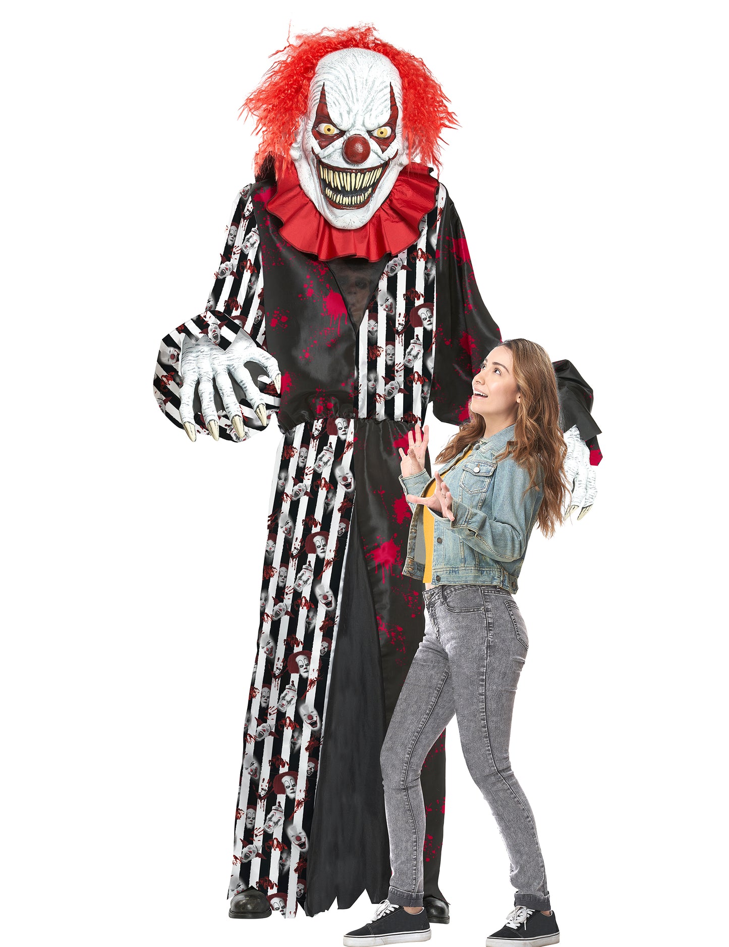 Déguisement clown terrifiant géant 2 en 1 pour adulte noir et blanc à rayures avec taches de sang